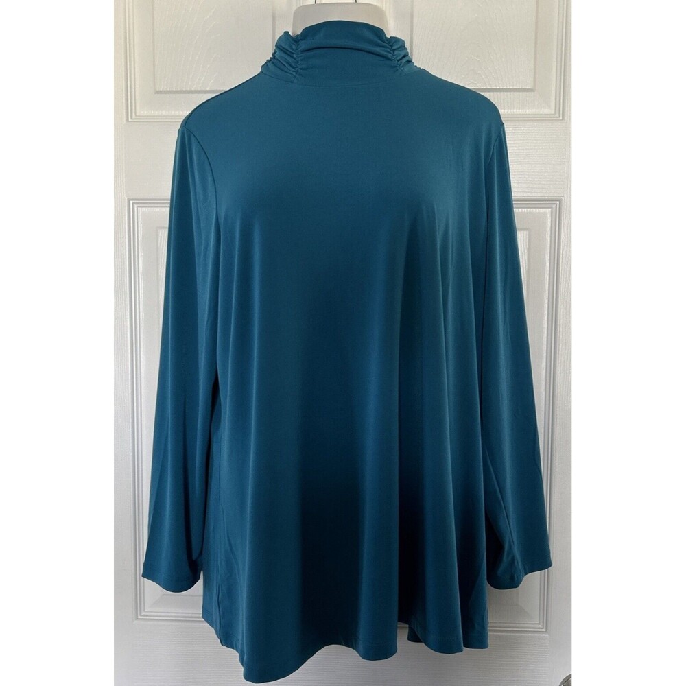 Susan Graver Liquid Knit Stretch Turquoise Tunic Ruched Turtleneck Plus Size 2X